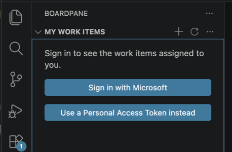 The Boardpane sidebar in VS Code: My Work Items and Pull Requests views with a Sign in with Microsoft button.