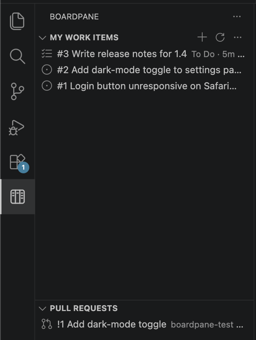 My Work Items and Pull Requests in the VS Code sidebar