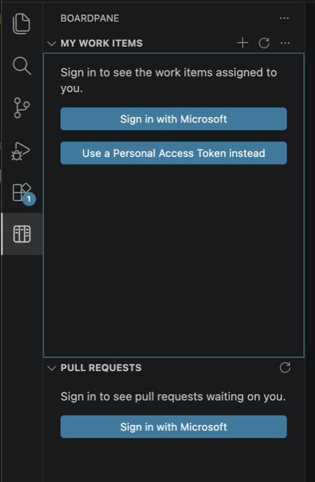 The Boardpane sidebar in VS Code before signing in: Work Items and Pull Requests views with a Sign in with Microsoft button.